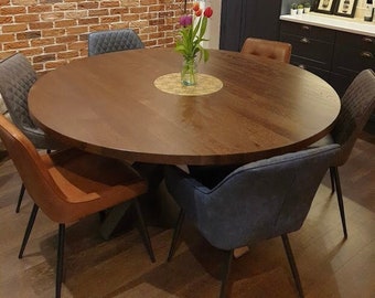 UK Handmade Solid Oak Dining Table, Round Table, Round Oak Table, Circular Oak Kitchen Table Stained Bespoke Loft Industrial Style Table