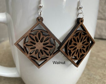 Geometric Floral Laser Cut Wood Earrings-Aspen, Cherry, Red Cedar, Walnut, or Wenge