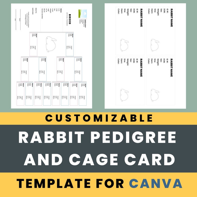 Customizable Rabbit Pedigree and Cage Card for Rabbitry Record Keeping Canva Template image 1