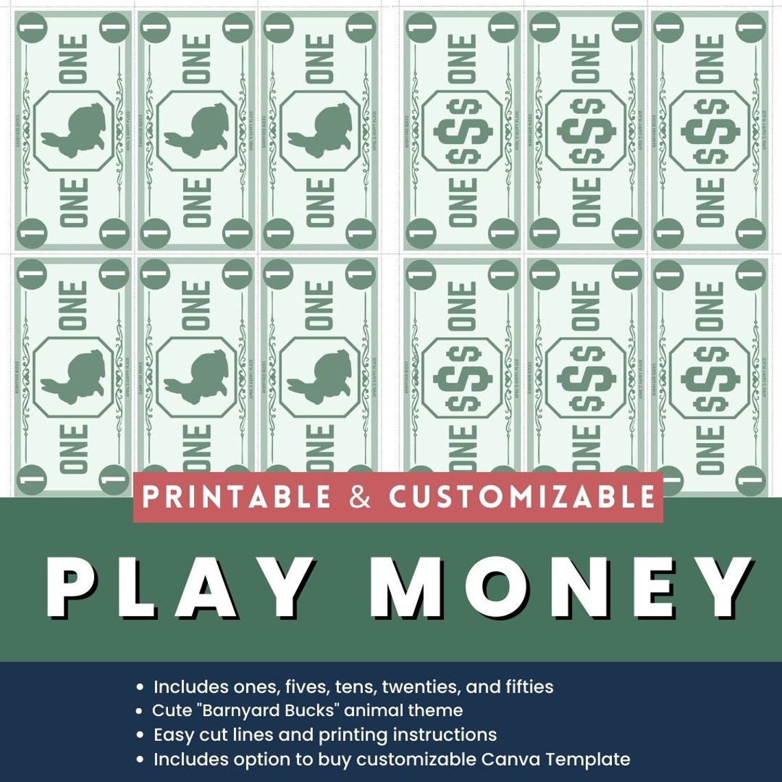 Custom Play Money Example Customizable Play Money Printable + Canva Template | Barnyard Bucks - Etsy