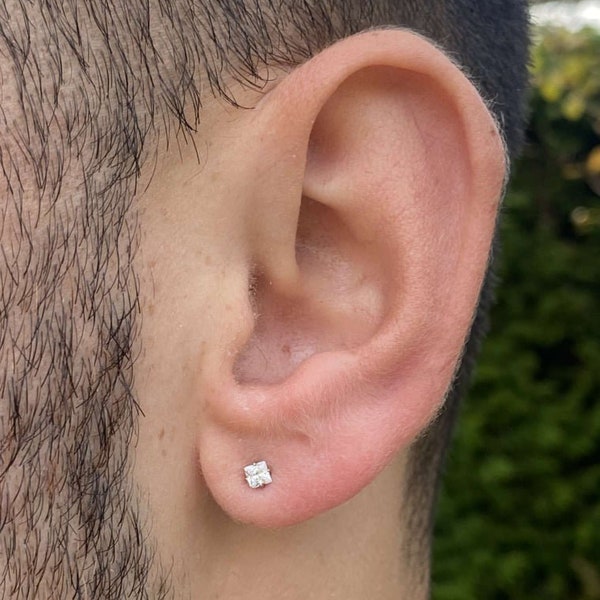 Mens Single Square Stud Earring - 3x3 (silver earring with cubic zirconia stone)