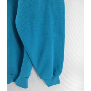 May include: A solid teal long-sleeve sweatshirt featuring a crew neckline and ribbed cuffs at the wrists and hem. The garment is made of a soft, fleece-like fabric with a consistent, vibrant blue-green color throughout the entire visible surface.