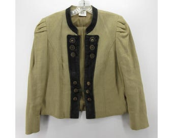 VINTAGE Madeleine Jacket 12 Linen Button Art Leather Trim Germany