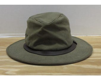VINTAGE Filson Hat Cap Olive Tin Cloth Packer Wide Brim Leather Trim