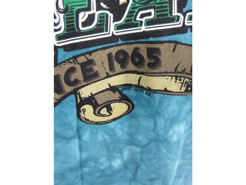 May include: Close-up of a blue tie-dye t-shirt with a graphic design. The design includes the text "ICE" in a bold, green font, and a banner that reads "SINCE 1965". The shirt has a vintage aesthetic.