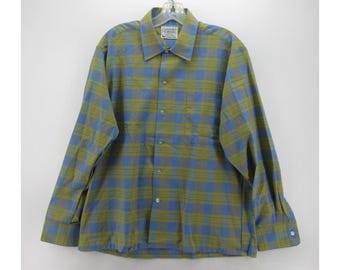 VINTAGE Brent-shirt medium jaren 70 disco leisure button-down geruit geweven stof
