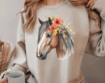 Horse Sweatshirt, Horse Portrait Sweatshirt, Horse Sweater, Horse Portrait Pullover, Floral Horse Crewneck, Horse Crewneck Horse girl