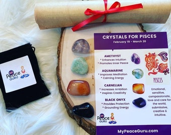 Pisces Gift Set Zodiac Sign Crystal Healing Stones in a Velvet Pouch with 7-10 Page In-Depth Astrology Scroll Report Gift Box
