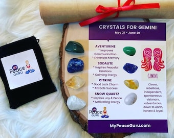 Gemini Gift Set Zodiac Sign Crystal Healing Stones in a Velvet Pouch with 7-10 Page In-Depth Astrology Scroll Report Gift Box