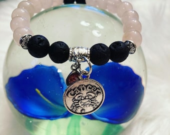Cancer Bracelet Gift Set, Rose Quartz, Lava Stones for Essential Oils, Pink Birthstone, Palo Santo Stick, Lavender Bundle, Astrology Charm