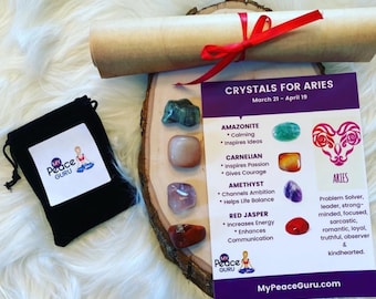 Aries Gift Set Zodiac Sign Crystal Healing Stones in a Velvet Pouch with 7-10 Page In-Depth Astrology Scroll Report Gift Box