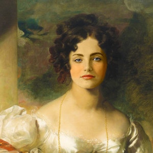 May include: A woman in a white dress with a gold necklace and a brooch. She is wearing a gold bracelet on her left wrist. The background is a painting of a cloudy sky.