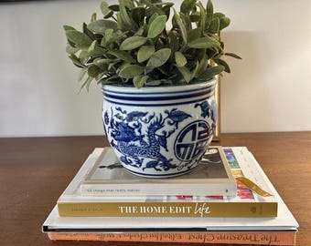 small navy and white porcelain pot for plants or other
