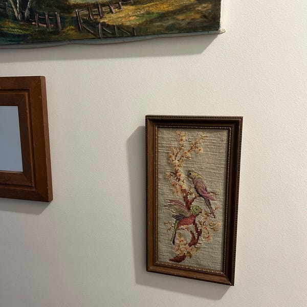 Framed handmade wool needlepoint  of birds 12.5 x 7.5 inches