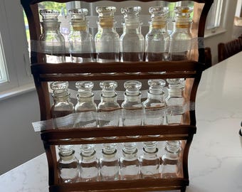 Midcentury Wooden Spice Rack with 18 Glass Jars, Scalloped Details, Tabletop or Hanging