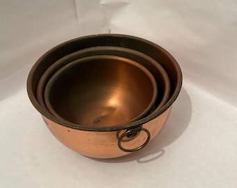 Cuencos de cobre vintage - juego de 3 con asas de latón - perfectos para usar y exhibir