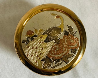 Chokin Art Round White Porcelain Trinket Dish with 24K Peacocks and Flowers Design Asian Symbols on Lid.