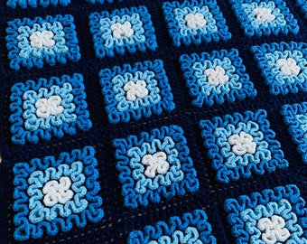 blue and white granny square blanket