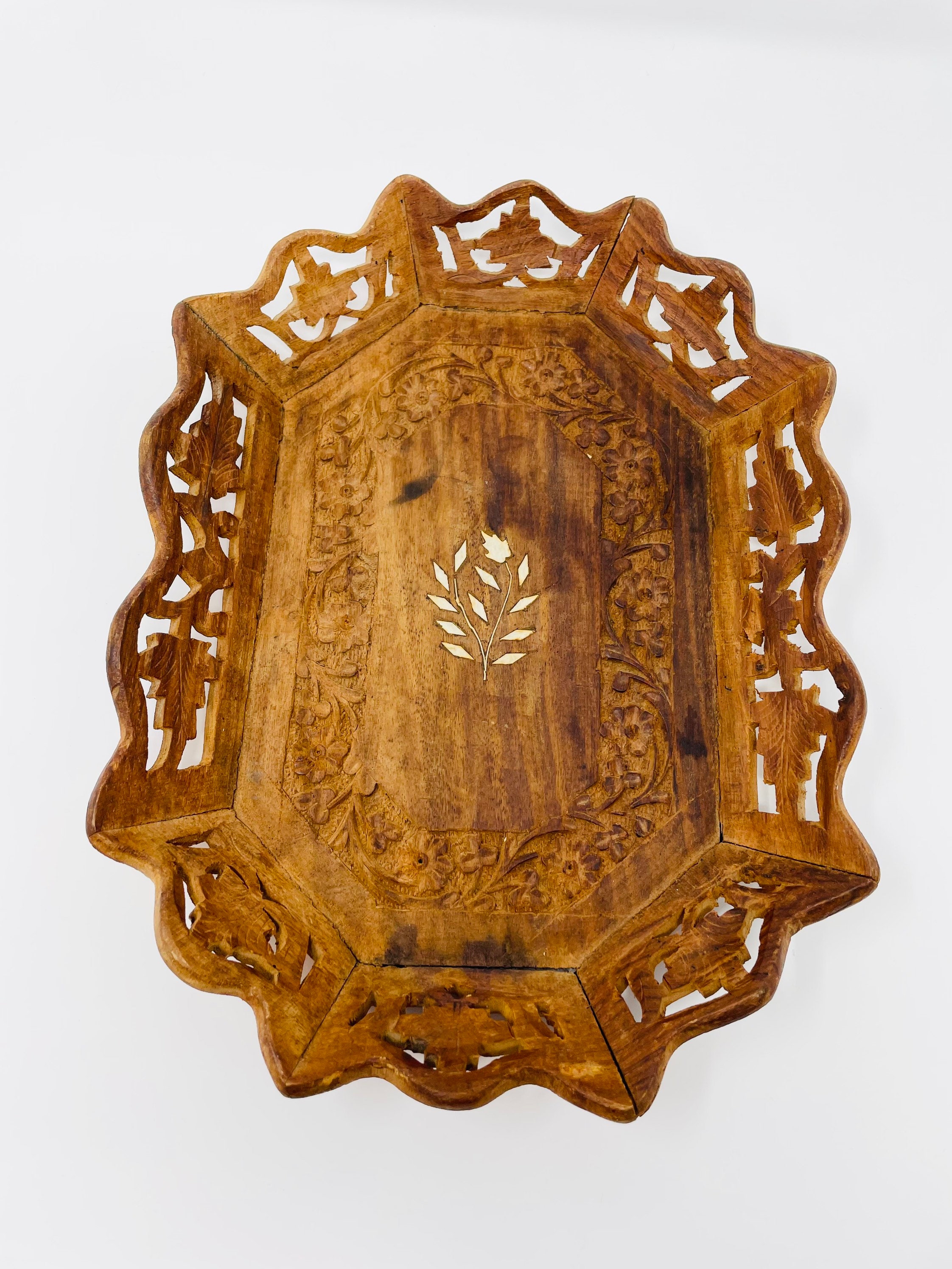 Vintage Ornate Carved Wooden Tray With White Inlay Flowers Etsy UK