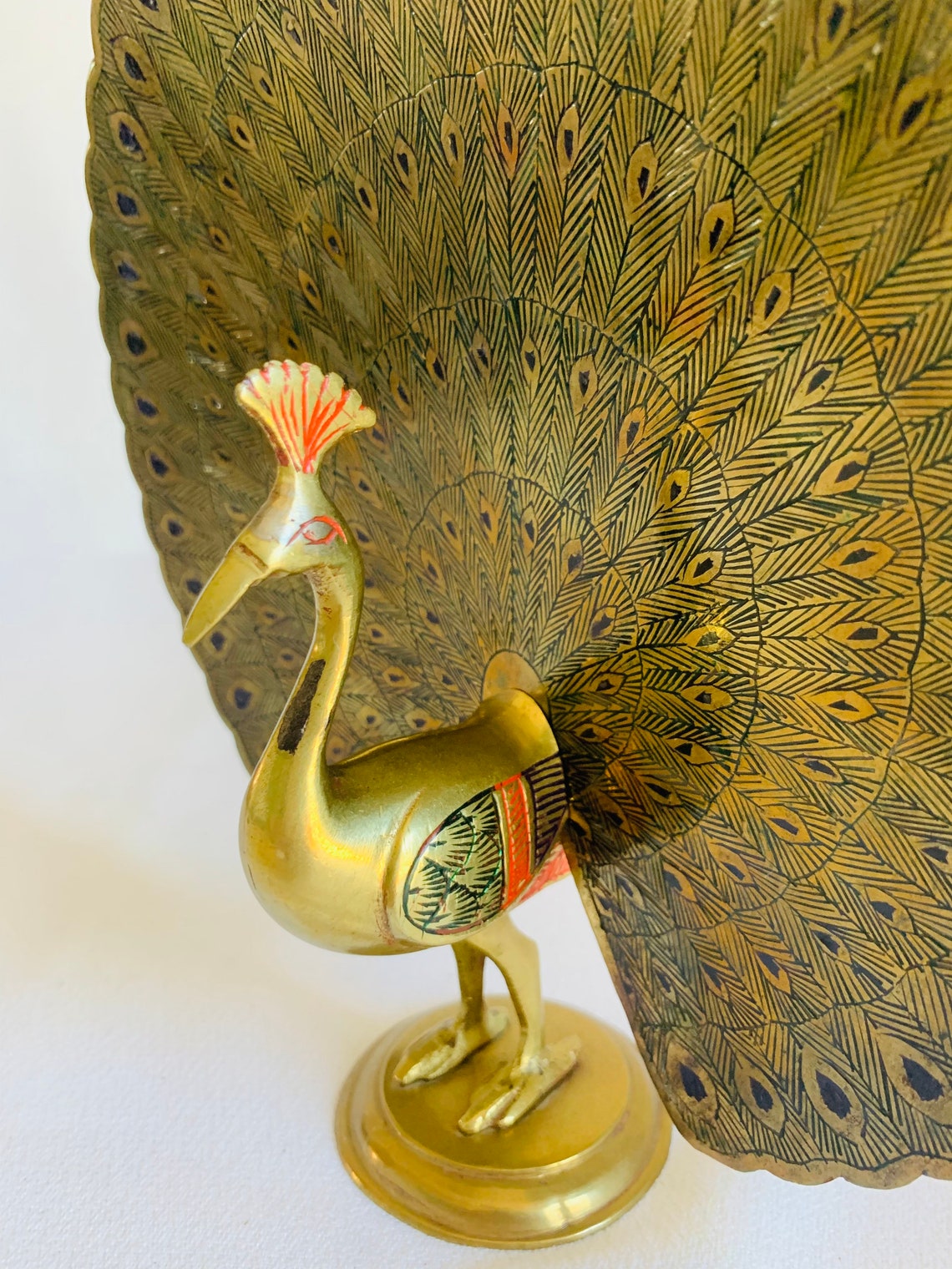 Vtg Brass Peacock Figurine with Wide Open Tail and Colored Etsy