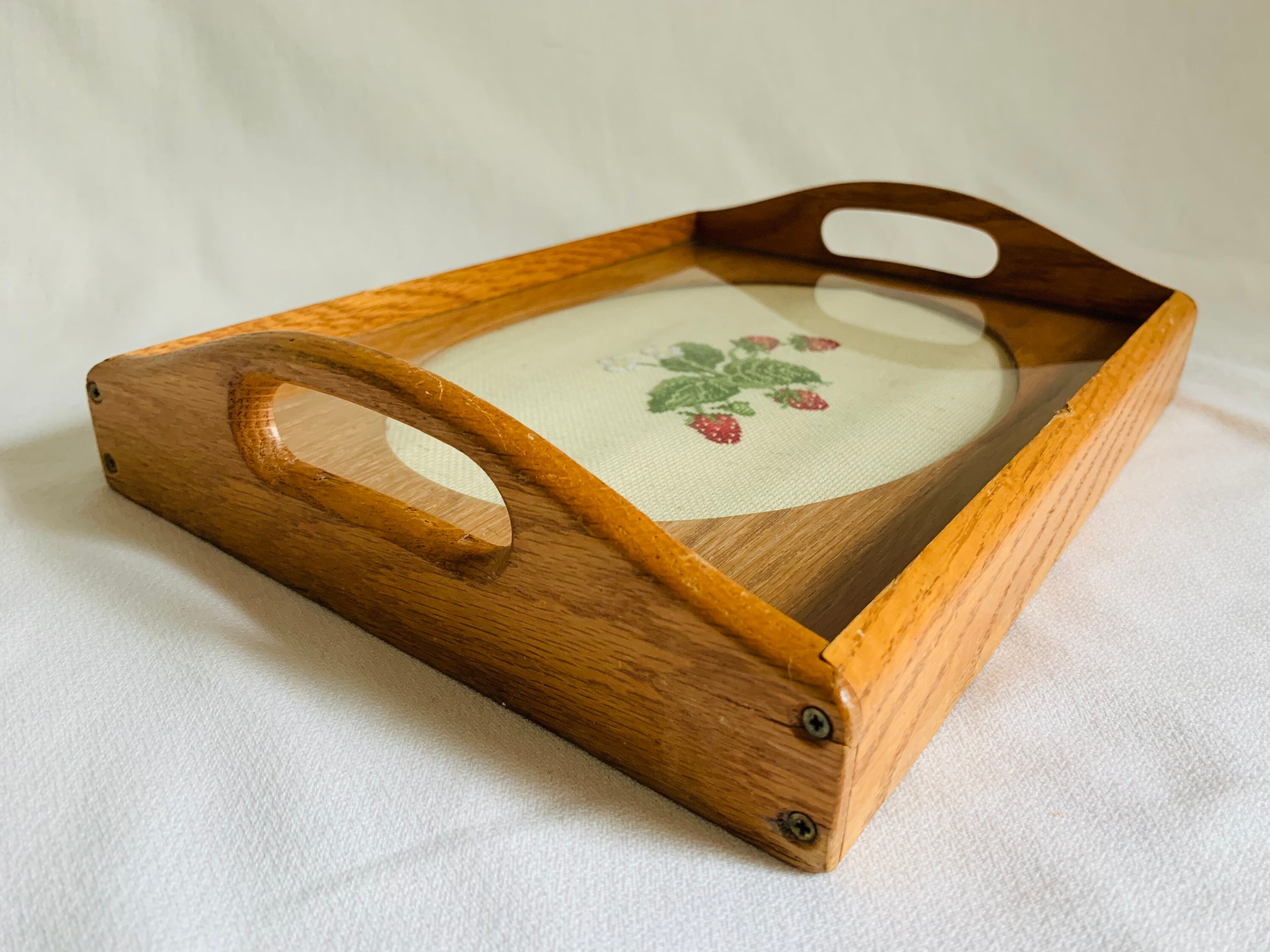 Vintage Wooden Tray with Cross-Stitch Strawberry Design | Etsy