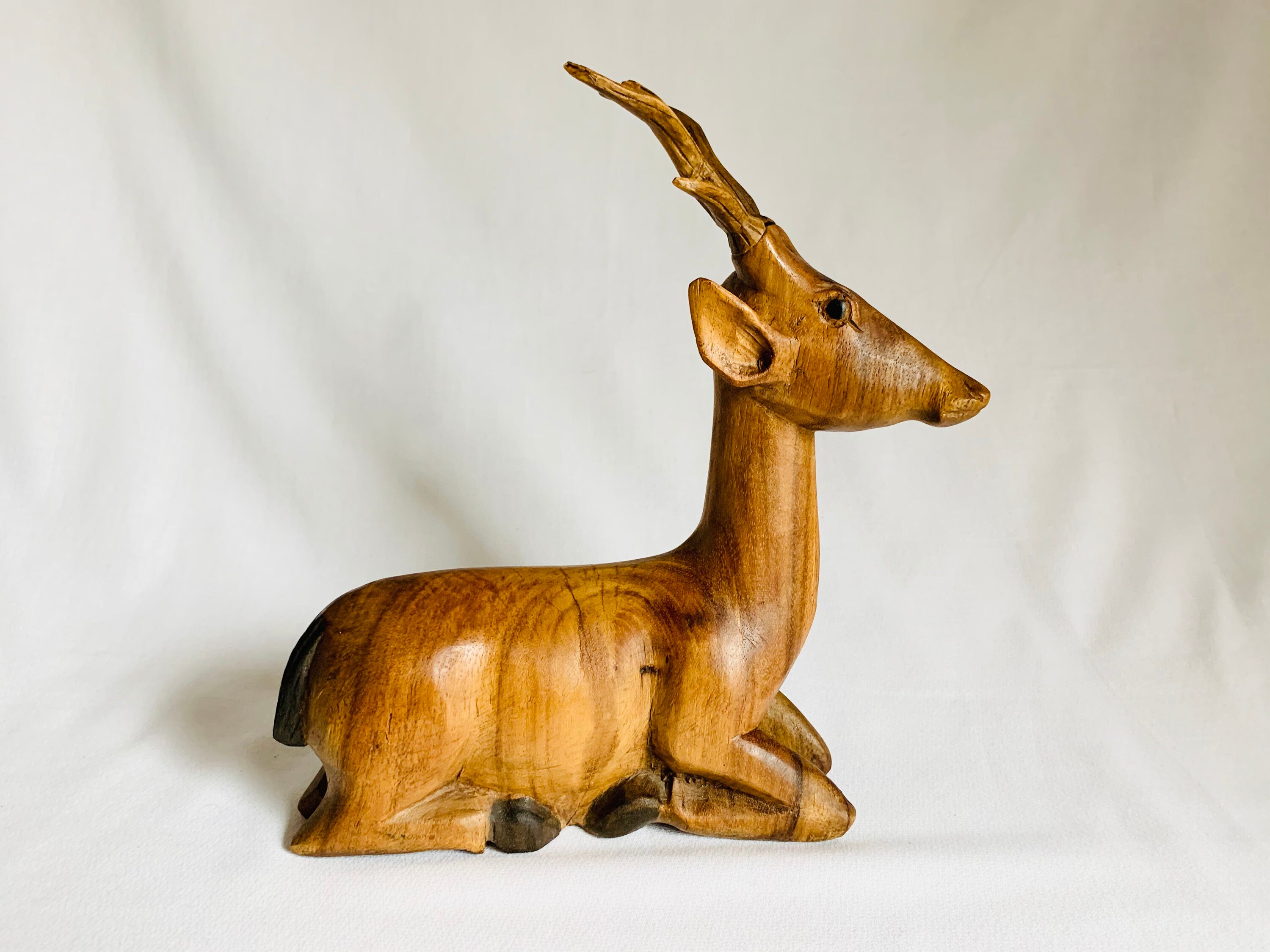 Large Vintage Carved Wooden Deer with Antlers Figurine Statue Etsy