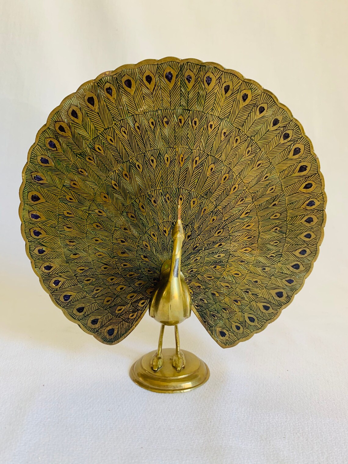 Vtg Brass Peacock Figurine with Wide Open Tail and Colored Etsy