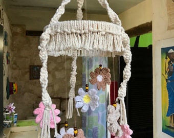 Handmade Macramé and Crochet Floral Baby Crib Mobile