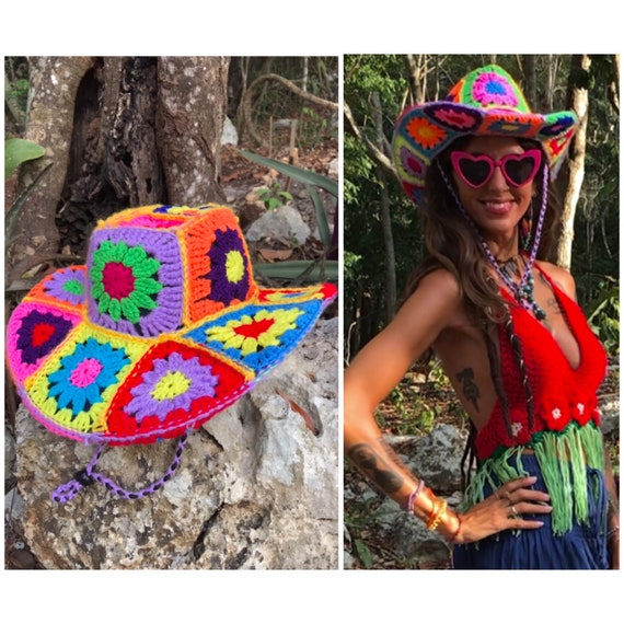 Flower Power Crochet Cowboy / Cowgirl Festival Hat - Made by 