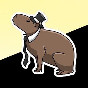 May include: A brown capybara cartoon illustration wearing a black top hat, white collared shirt, and black tie. The capybara is sitting with its head tilted upwards. The background is split diagonally with yellow and black.