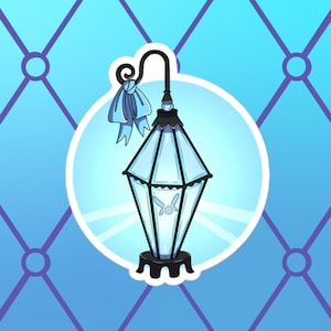 May include: A cartoon-style, light blue lantern with a black top and base, and a curved black handle. The lantern has a diamond shape and a light blue ribbon tied to the handle. A small fairy design is visible inside the lantern.