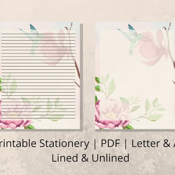 Papeterie imprimable de jardin de colibri Shabby Chic | Téléchargement numérique instantané | Papier à lettre | A4 | Lettre | Papier de recharge pour journal