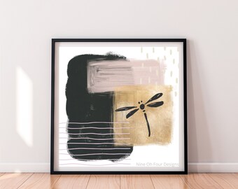 Abstract Dragonfly Printable Square Wall Art | Instant Digital Download | PDF | PNG | Black Pink & Gold | Boho Room Decor | Printable Gifts
