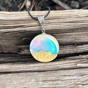 Blue Aurora Borealis Pendant, Northern Lights Resin Walnut Wood Necklace, Aurora Opal Round Pendant, Pink Opal Jewelry, Anniversary