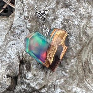 Aurora Borealis Northern Lights Resin Burl Wood Necklace, Aurora Opal Geometric Hexagon Pendant, Opal Jewelry, Sky Blue Pink, Valentine’s