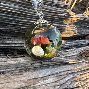 Resin Terrarium Sphere Necklace, Red Mushroom Necklace, Resin Botanical Pendant, Pixie Cup Moss Lichen Jewelry, Forest Jewelry