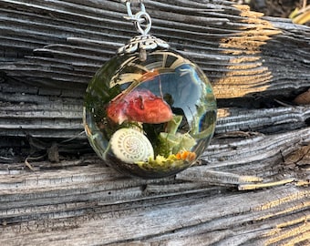 Resin Terrarium Sphere Necklace, Red Mushroom Necklace, Resin Botanical Pendant, Pixie Cup Moss Lichen Jewelry, Forest Jewelry