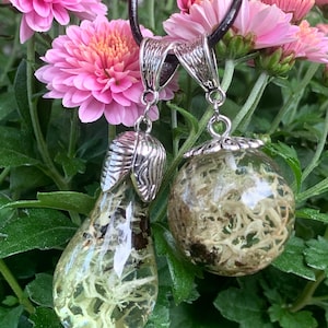 Harz Flechten Halsketten, Moos Flechten Anhänger, Eichenmoos Halsketten, Botanische Halsketten, Tropfen Kugel Halsketten, Botanischer Schmuck