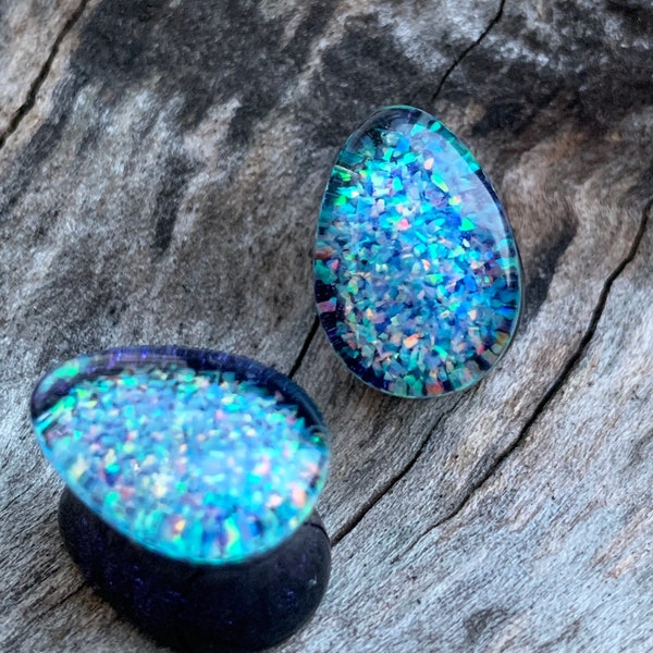 Crushed Opal Plugs, Synthetic Opal Ear Gauges, Teardrop Ear Plugs, Handmade Gauges, Unique Gauges, Wedding Plugs 7-25mm