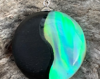 Aurora Borealis Opal Necklace, Resin Ebony Wood Northern Lights Pendant Necklace, White Opal Necklace, Aurora Opal Jewelry, Anniversary Gift