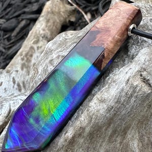 Aurora Borealis Northern Lights Resin Burl Wood Necklace, Aurora Opal Geometric Hexagon Pendant, Opal Jewelry, Rainbow, Valentine’s