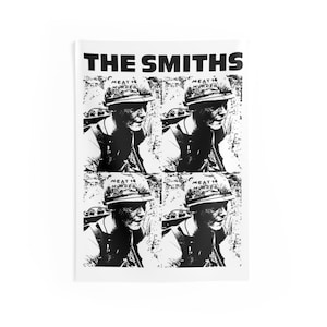 May include: Black and white poster with the text "THE SMITHS" at the top and four images of a person wearing a helmet with the text "MEAT IS MURDER" written on it.