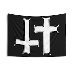 May include: Black tapestry featuring two white inverted crosses, one positioned above the other.