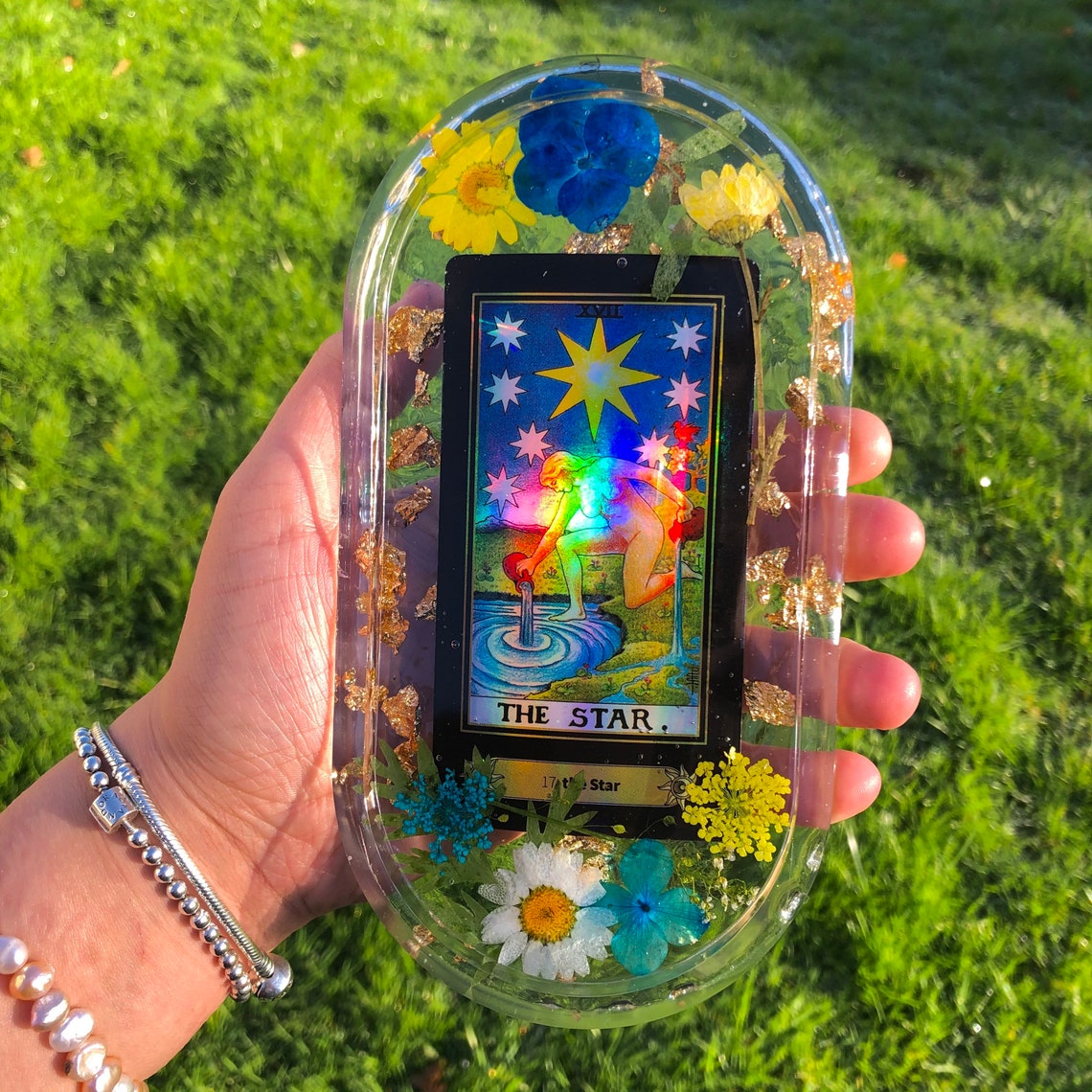 Mystery holographic tarot card large botanical pressed