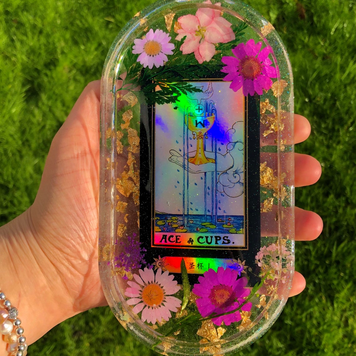 Mystery holographic tarot card large botanical pressed