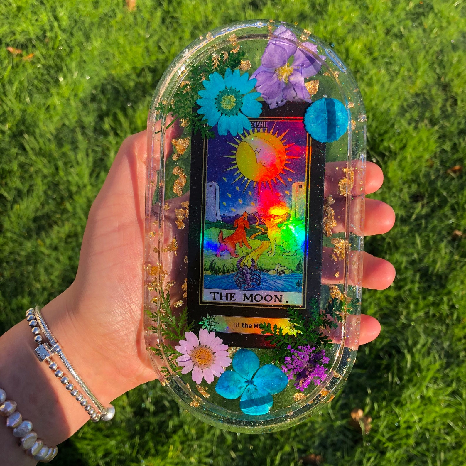 Mystery holographic tarot card large botanical pressed