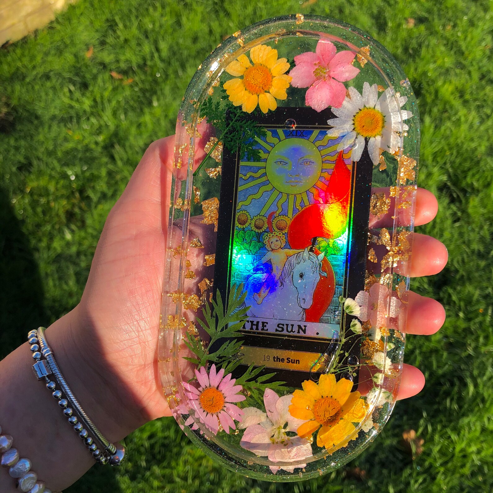 Mystery holographic tarot card large botanical pressed