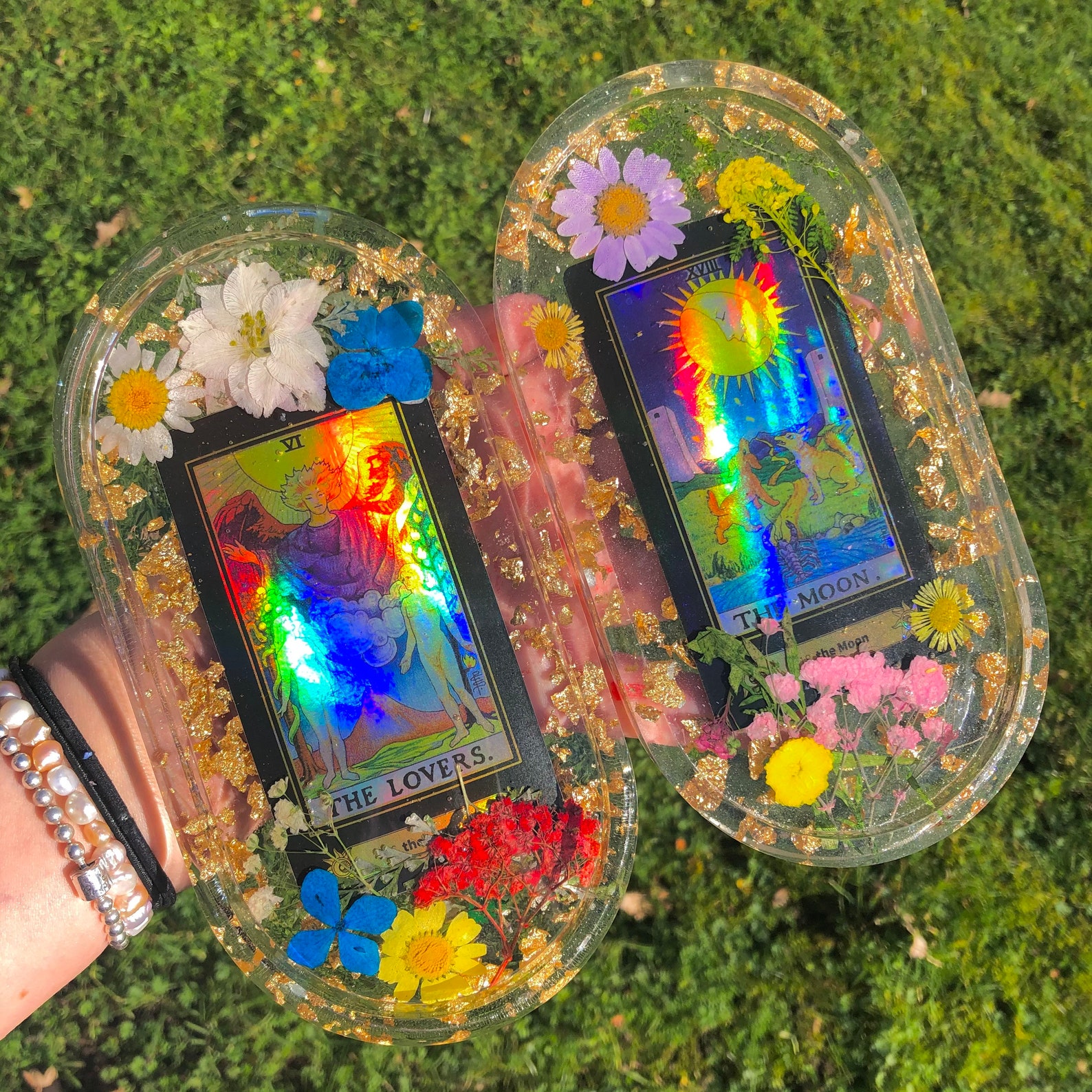 Mystery holographic tarot card large botanical pressed