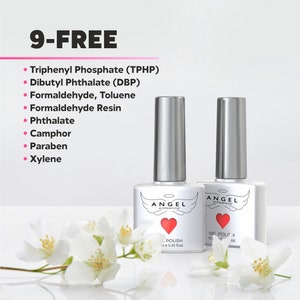 May include: Two bottles of nail polish with a white background. The bottles are silver with a red heart and the words "ANGEL professional" on the front. The bottles are labeled "POLISH" and "GEL POLISH". The text "9-FREE" is listed above the bottles with a list of ingredients that are not included in the polish.
