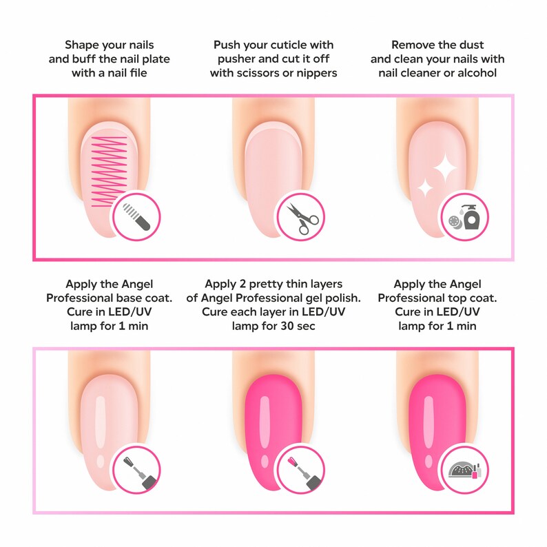 Peut inclure: Instructions &eacute;tape par &eacute;tape pour appliquer du vernis &agrave; ongles en gel, montrant un doigt &agrave; chaque &eacute;tape&nbsp;: fa&ccedil;onner l&rsquo;ongle, repousser la cuticule, nettoyer l&rsquo;ongle, appliquer une base, appliquer deux couches de couleur et appliquer une couche de finition.